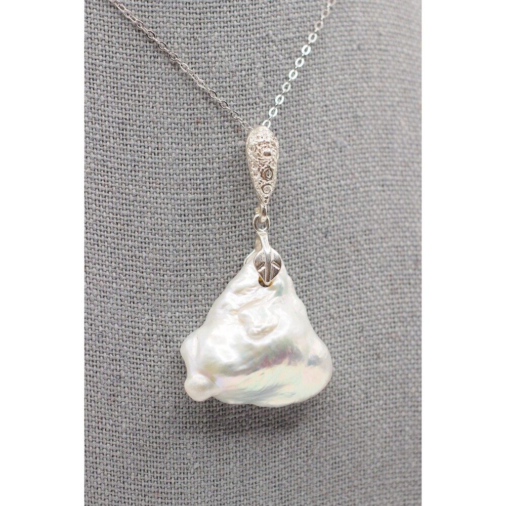 White Huge Baroque Pearl Pendant Statement Sterling Silver Necklace - Picture 4 of 15